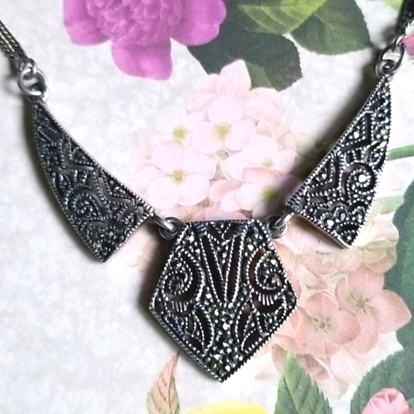 Vintage Art Deco 1920s Marcasite Sterling Silver Pendant Necklace - Picture 8 of 16